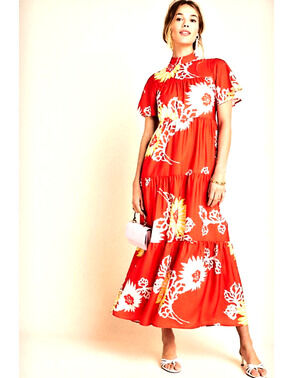 Anthropologie Corey Lynn Calter Giana Red Floral Tiered Maxi Dress Size M
